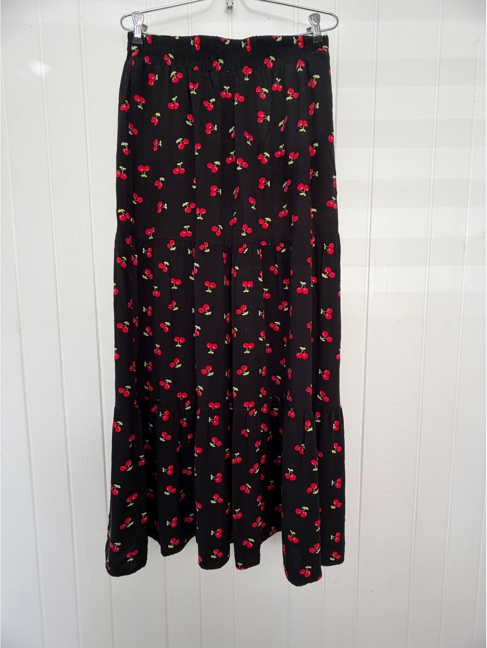Black Maxi Skirt with Red Cherry Print and Elastic Waistband